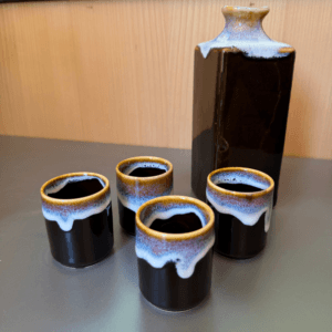 Dark Brown Sake Jug and 4 Cups Set